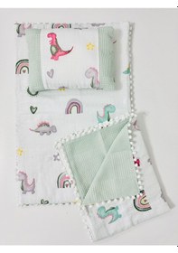 Resim Dino 90 100 Çift Katlı Pikeli Müslin Battaniye Yastık Ve Alt Açma 3 Lü Set - Yeşil Yeşil 