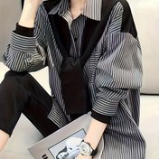 Resim Siyah ve Beyaz, Uzun Kollu, Detachable Omuz Askısıyla Rahat Tarzda Şık Çizgili Yama Gömlek - Bahar/Yaz İçin Mükemmel, Rahat Kıyafet|Çizgili Desen|Detachable Askı 