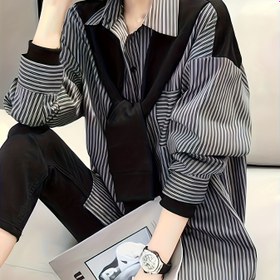 Resim Siyah ve Beyaz, Uzun Kollu, Detachable Omuz Askısıyla Rahat Tarzda Şık Çizgili Yama Gömlek - Bahar/Yaz İçin Mükemmel, Rahat Kıyafet|Çizgili Desen|Detachable Askı 