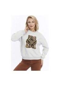 Resim Gidia Kadife Ayıcıklar Desenli Gri Melanj Yumuşak Dokulu Regular Fit Bisiklet Yaka Kadın Sweatshirt Grimelanj 