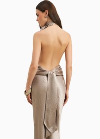 Resim Crushed Saten Sırtı Açık Halter Yaka Üst - Bej / XS 