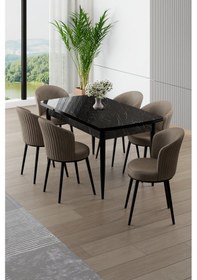 Resim Canisa Asfel Serisi Mdf 77x130 Siyah Mermer Desen Yandan Açılabilir Mutfak Masa Takımı 6 Cappucino Sandalye Siyah Mermer Masa Cappucino Sandalye 