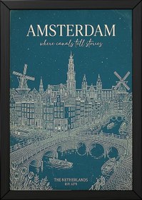 Resim Amsterdam Line Art Print - Teal Canal Windmill Skyline Wall Art - With Hanger - White / 24 x 36" (60x90 cm) 