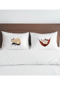 Resim Bk Gift Kişiye Özel Eğlenceli Kedi Tasarımlı Pamuklu 2 Li Yastık Kılıfı Seti-2 50x70cm , Sevgiliye , Ev si, Tasarım Ev Tekstili 
