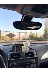 Resim senfida Peluş kalpler dikiz süsü yeşil beyaz kalpler peluş dikiz aynası süsü 