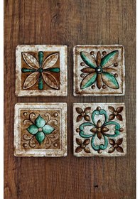 Resim Doğal Taş Bardak Altlığı 4'lü Set Hint Desenler Baskılı Çok Renkli 