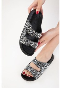 Resim Siyah Beyaz Yazlık Kadın Terlik Konforlu Çift Tokalı Tasarım Siyah - Beyaz 