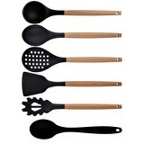Resim Kitchen Design Lab Siyah Bambu Silikon Kepçe Kaşık Kevgir Makarna Aparatı Açılı Spatula Silikon Kaşık Seti 