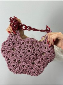 Resim El Örgüsü Çiçekli Kadın El Çantası 30x27 Cm Pembe 
