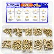 Resim NEXSYNC 220 adet Pirinç Konik Ekleme Somun Assortment Kiti - M2 M2.5 M3 M4 M5 M6, Kısmen Konik, Snap-in, Sağ El Konik Yön, Çift Geçişli Yivli Somunlar 