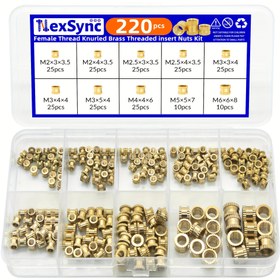 Resim NEXSYNC 220 adet Pirinç Konik Ekleme Somun Assortment Kiti - M2 M2.5 M3 M4 M5 M6, Kısmen Konik, Snap-in, Sağ El Konik Yön, Çift Geçişli Yivli Somunlar 