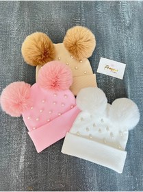 Resim pempem bandana kız bebek çocuk incili, iri peluş ponponlu kaşkorse bere set 