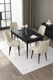 Resim Canisa Nex Serisi 80x132 Mdf Açılabilir Siyah Mermer Desen Masa Takımı 4 Krem Sandalye Gümüş Halka 