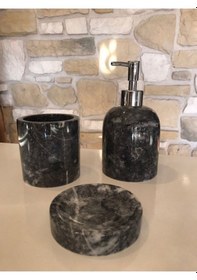 Resim Siyah Dalgalı Mermer 3'lü Banyo Seti Beyaz 