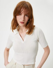 Resim Polo Yaka Kazak Triko Crop Kısa Kollu 