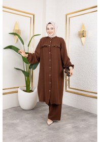 Resim Nevayla Moda Ayrobin Kumaş İnci Detaylı Takım / T105 - Kahverengi Kahverengi 