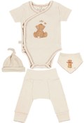 Resim tinylamb Fluffy Bear 4 Parça Unisex Bebek Kısa Kollu Pamuk Zıbın Pijama Bere Bandana Mini Yenidoğan Takımı 