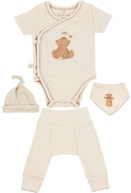 Resim tinylamb Fluffy Bear 4 Parça Unisex Bebek Kısa Kollu Pamuk Zıbın Pijama Bere Bandana Mini Yenidoğan Takımı 