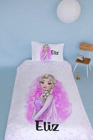 Resim (2025) İsme Özel Tek Kişilik Çocuk Nevresim Takımı Pembe Elsa Beyaz 160 x 220 
