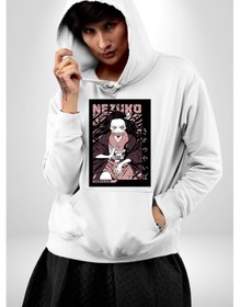 Resim Nezuko Demon Slayer Kadın Erkek Beyaz Kapüşonlu Sweatshirt Hoodie Beyaz 