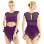 Resim Koyu Mor Kadın Lirik Modern Bale Dans Elbise Asimetrik Şeffaf Örgü Tutu Etekli Leotard Koyu Mor 