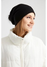 Resim Kadın Efsane Kürk Ponpon Detaylı Şapka Bere - Standart / Siyah Siyah 