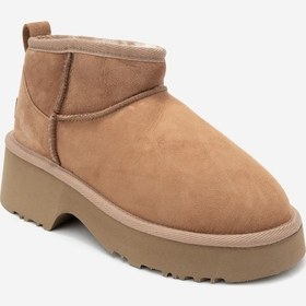 Resim Luvi Shoes Ary Taba Süet Hakiki Deri Kürklü Platform Tabanlı Kadın Mini Bot Taba 