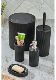 Resim Line 5 Parça Yuvarlak Banyo Seti - Çöp Kovası Wc Fırçası Sıvı-katı Sabunluk Diş Fırças Siyah 