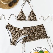 Resim Kadınların Güneş Koruma Etekli 3 Parça Bikini Seti, Leopar Desenli, Yüksek Esneklikli Polyester ve Elastik, Seksi Plaj Yat Partisi Tatil Mayo, Bağcıklı Detay, 200g/m² Örgü Kumaş 