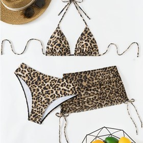Resim Kadınların Güneş Koruma Etekli 3 Parça Bikini Seti, Leopar Desenli, Yüksek Esneklikli Polyester ve Elastik, Seksi Plaj Yat Partisi Tatil Mayo, Bağcıklı Detay, 200g/m² Örgü Kumaş 