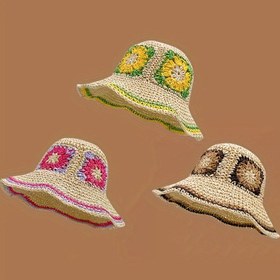 Resim Kadınlar için günlük kullanıma uygun olan Boho Çırpı Şapka Vintage Çiçek Renk Blok Güneş Şapkası Trendi Katlanabilir Seyahat Plaj Şapkaları 