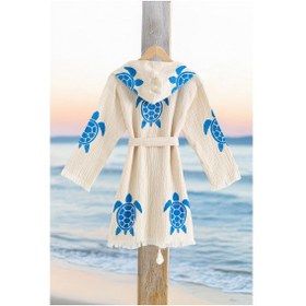 Resim Varol %100 Organik, El İşçiliği Taş Baskı Garson Boy Bornozu - Caretta Krem/11-12yas Krem - Mavi 