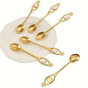 Resim 6 adet Altın İnci Metal Kahve Kaşıkları Tatlı Kaşıkları Çay Kaşıkları, Partiler, Düğünler, Restoranlar, Kafeler vb. için uygun 