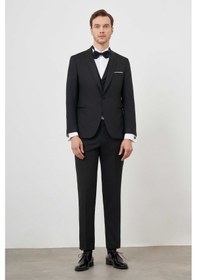Resim Morven Erkek Siyah Poliviskon Ceromonia Santorini Slim Fit Şal Yaka Damatlık Siyah 