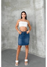 Resim HLT Jeans Açık Mavi Kadın Regular Fit Yüksek Bel Orta Boy Denim Kot Etek Alice-4003 Açık Mavi 