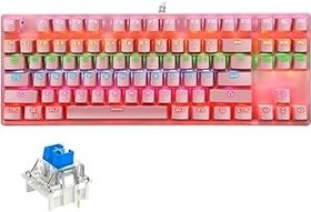Resim coverzone Leaven K550 Kablolu Pembe Klavye Led RGB 87 Tuşlu Gökkuşağı Renler Mekanik Oyuncu Işıklı Klavye Ergonomik Tasarım Rahat 150cm Kablo Uzunluğu Bilgisayar PC için Mavi Switch 