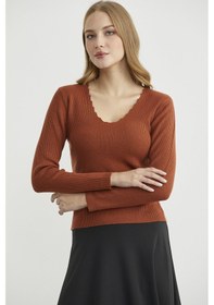 Resim Sementa Fitilli Basic V Yaka Triko Kazak - Kiremit Kiremit 