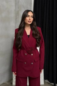 Resim buqre's moda Kadın İkili Blazer Ceket Pantolon Takım Aksesuar Gül ve Düğme Detaylı Bol Paça 