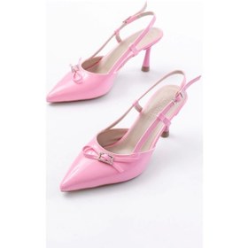 Resim Pembe Rugan Günlük Arkası Açık Fiyonklu Topuklu Kadın Ayakkabı Pudra 