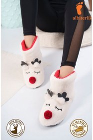 Resim AlbiShoes Kız Çocuk Geyik Figürlü Ev Botu Panduf Çocuk Peluş Rahat Sessiz Kaymaz Taban Ev Ayakkabısı 