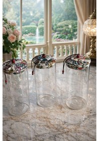 Resim Morponi 3'lü Borosilikat Cam Etnik Desenli Kumaaş Kapaklı Kavanoz Seti 1000 Ml Şeffaf 