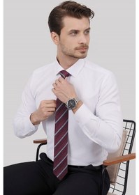 Resim Gömlek Kravat Seti (Bordo Çizgili Kravat & Beyaz Armür Desenli Sl Beyaz 