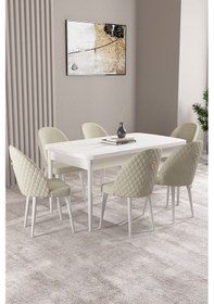 Resim Milas Beyaz 80x132 Mdf Açılabilir Yemek Masası Takımı 6 Adet Sandalye Krem 