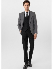 Resim Süvari Siyah Slim Fit Desenli Sivri Yaka 6 Drop Yelekli Klasik Takım Elbise-35685 Siyah 