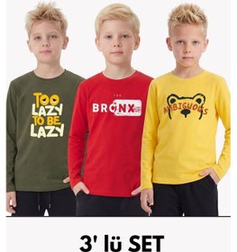 Resim Fyk Kids 3'lü Yuvarlak Yakalı Baskı Detaylı Uzun Kollu Basic 3 Parça Erkek Çocuk Tişört Haki - Siyah - Kırmızı 
