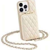 Resim Globalbloom Beige Galaxy Uyumlu S25 Kare Desen Dikişli Zincirli Yapay Deri Çapraz Body Çanta 
