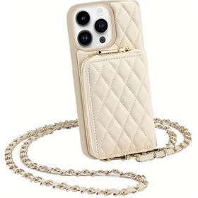 Resim Globalbloom Beige Galaxy Uyumlu S25 Kare Desen Dikişli Zincirli Yapay Deri Çapraz Body Çanta 
