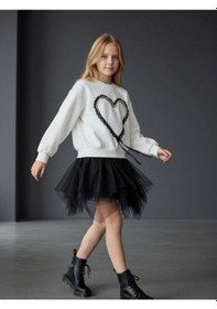 Resim Kız Çocuk Oversize Kalp İşlemeli Tasarım Sweatshirt-16469 Ekru 