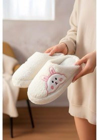 Resim Ft 101 Tavşan Nakışlı Kadın Ev Terliği Peluş Terlik Çeyiz Ve Bohça Terliği Ses Yapmaz Kalın Taban Beyaz 