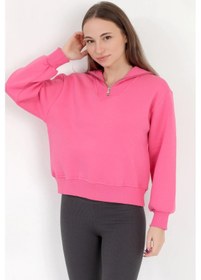 Resim Kadın Pembe Pamuklu Yarım Fermuarlı 3 İp Şardonlu Sweatshirt - 2512 Pembe 
